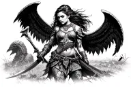 empty battle field with a valkyrie warrior woman tattoo design idea