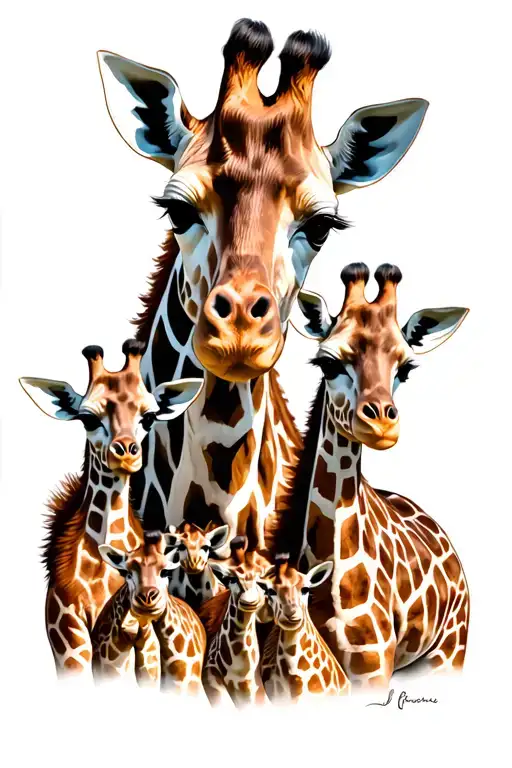 mumma giraffe with 4 babies surrounding her tattoo design idea