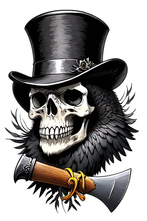 top hat, skull, kestrel, hatchet tattoo design idea