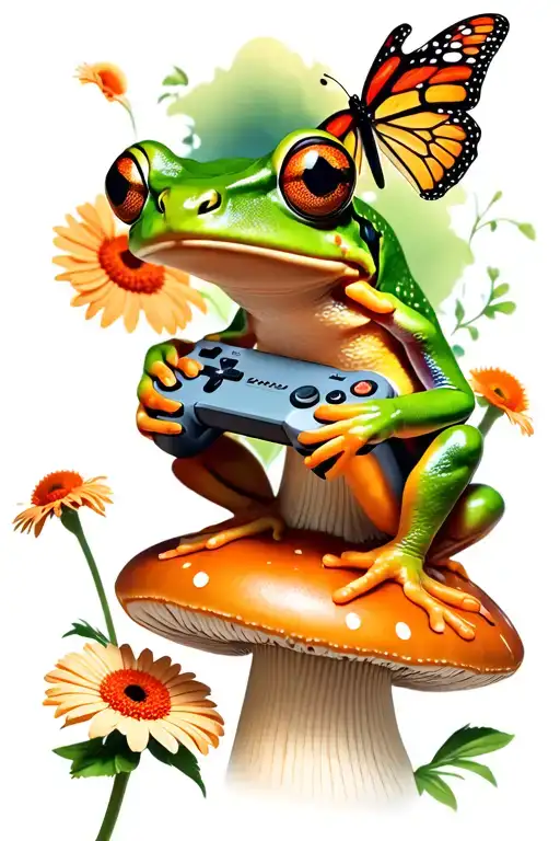 green eyed tree frog sitting on a mushroom next to a gerbera daisy holding a game controller. and a butterfly  tattoo design idea