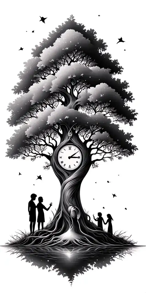 tree of life wrap around and family tree and hour glass mother protecting 2 kids (son and daughter) tattoo design idea