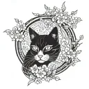 A futuristic cybernetic cat with circuit patterns integrated into its fur, surrounded by Japanese cherry blossom trees tattoo design idea