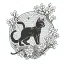 A futuristic cybernetic cat with circuit patterns integrated into its fur, surrounded by Japanese cherry blossom trees tattoo design idea