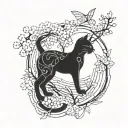 A futuristic cybernetic cat with circuit patterns integrated into its fur, surrounded by Japanese cherry blossom trees tattoo design idea