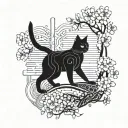 A futuristic cybernetic cat with circuit patterns integrated into its fur, surrounded by Japanese cherry blossom trees tattoo design idea