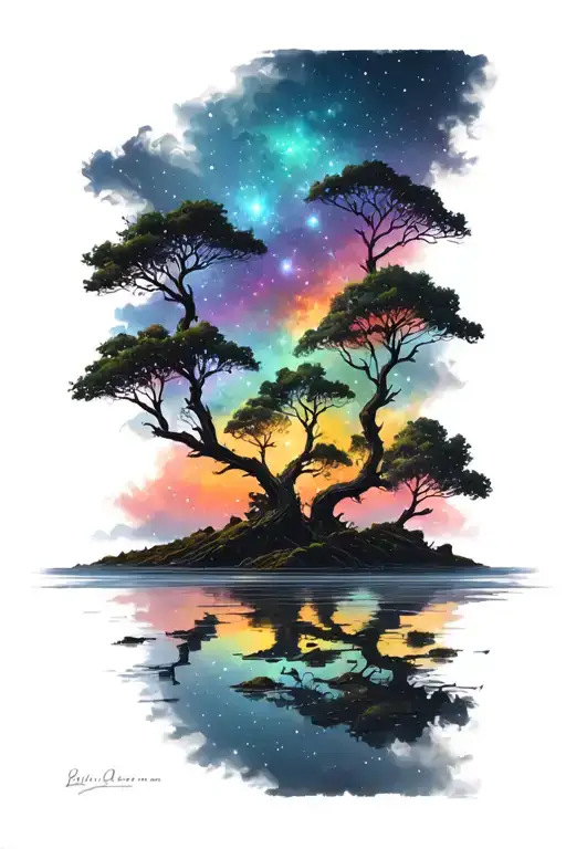 dark landscape with trees and water over a colorful galaxy background  tattoo design idea