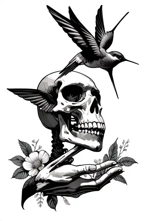 side profile of a skeleton holding a hummingbird tattoo in one hand with floral background tattoo design idea