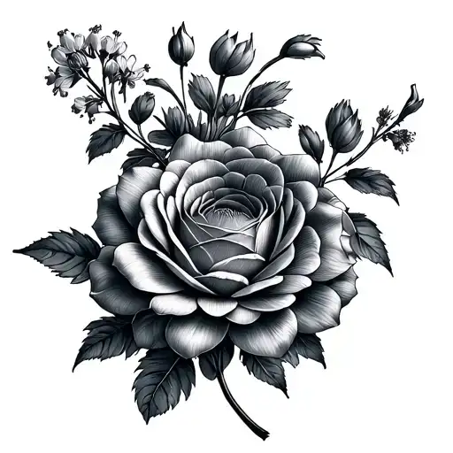 chrysanthemum, rose and larkspur flowers intertwined tattoo design idea