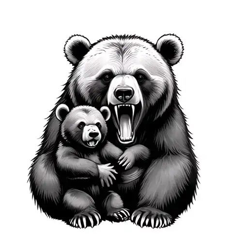 mama bear holding baby bear and roaring tattoo design idea