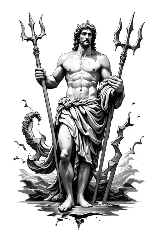 Poseidon holding a trident with a broken statue , only one trident tattoo design idea