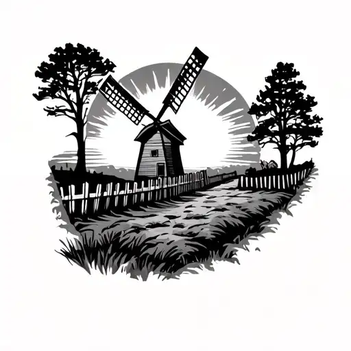 montana outline sunrise windmill fence tattoo design idea