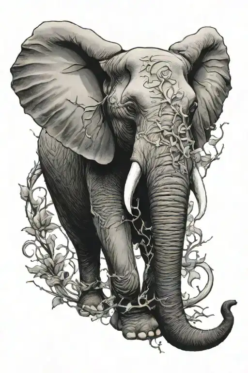 elephant with thorn vine going down the back tattoo design idea