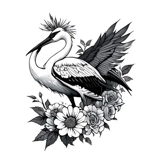 Japanese crane bird on right hip with chrysanthemums around and a traditional shark jaw around the right knee with roses tattoo design idea