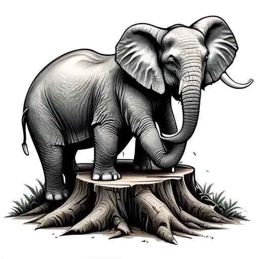 giving tree stump with baby elephant leaning on it tattoo design idea