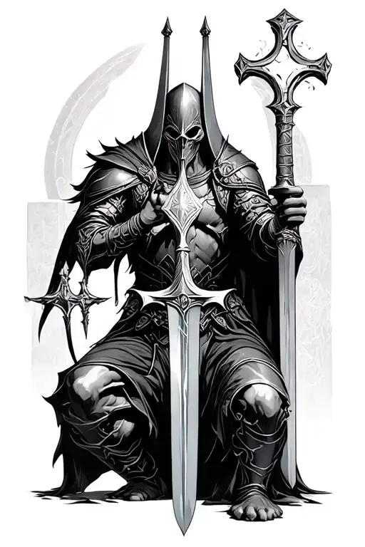 dark paladin with sword kneeling at altar tattoo design idea