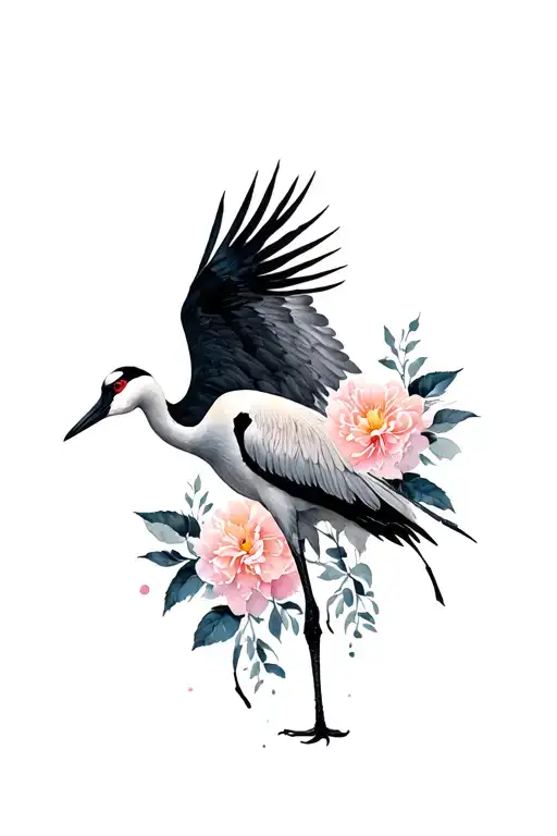 Sandhill crane open wings and peonies black grey tattoo tattoo design idea