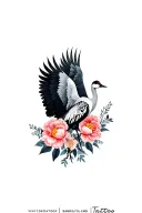 Sandhill crane open wings and peonies black grey tattoo tattoo design idea