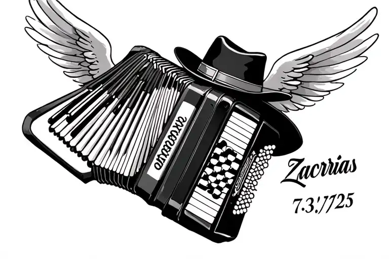 accordian with angel wings on it and cowboy hat with date 7/31/25 and name Zacarías tattoo design idea