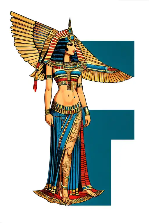 Cleopatra egyptian goddess full body with bangs tattoo design idea