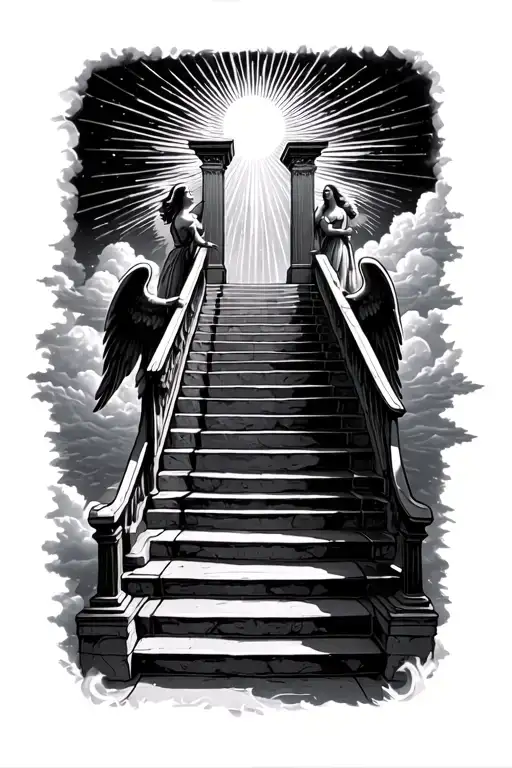 stairway to heaven walking up stairs angels sun rays clouds heaven gate at the top of the stairs  tattoo design idea