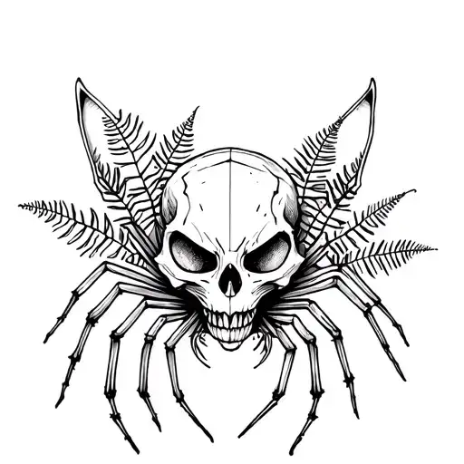 cat skull ferns a spider descending from its web tattoo design idea