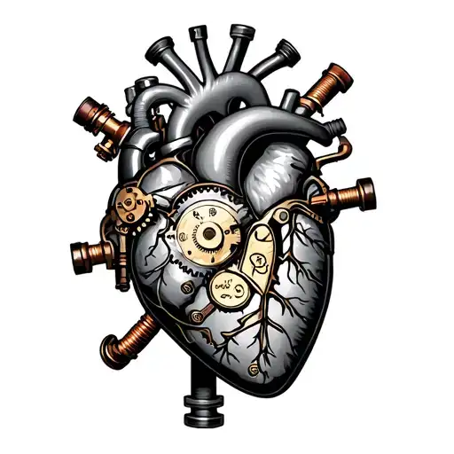 A mechanical heart tattoo with exposed gears, steam valves, and copper pipes in a steampunk style tattoo design idea