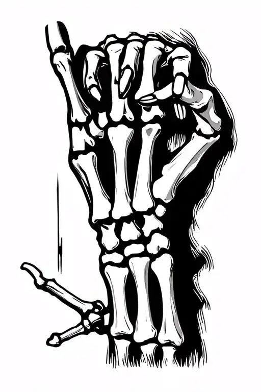 skeletal hand holding up a middle finger with thumb on the right with forearm bones showing that fade into a balisong  tattoo design idea