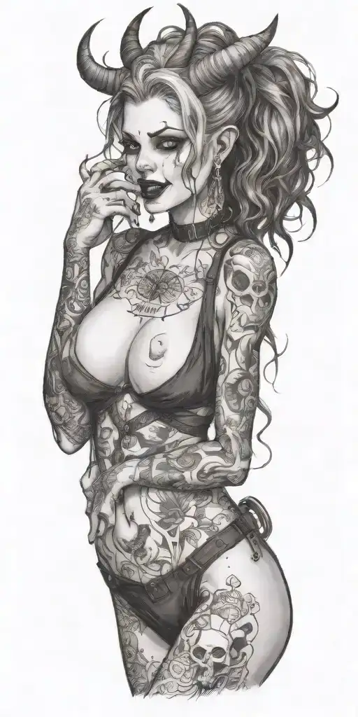 Sexy Pale Girl, petite, big boobs, wide hips, G-String. Messy hair, demonic horns, sexual. Seductive smile. Full Body tattoo design idea