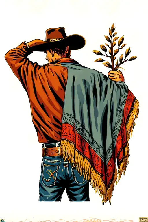cowboy seen from the back side. the cowboy has a poncho. it looks like a scene from the good the bad and the ugly tattoo design idea