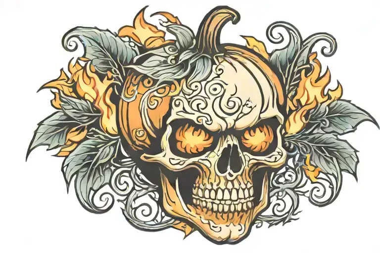 flaming pumpkin skull tattoo design idea