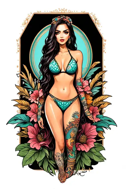 Sexy girl, petite, small boobs, wide hips, bikini . long hair,sexual. Seductive. Full Body, standing with legs and feet tattoo design idea