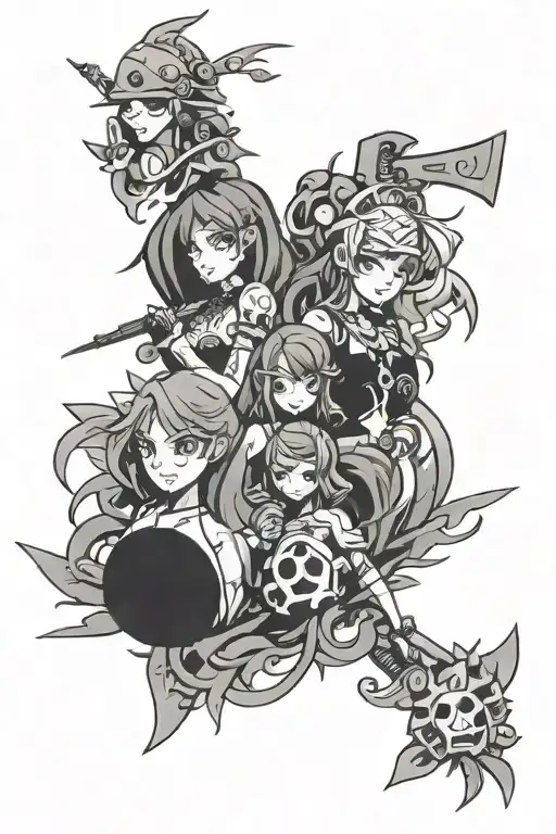 Colombian, anime video games intertwined tattoo design idea