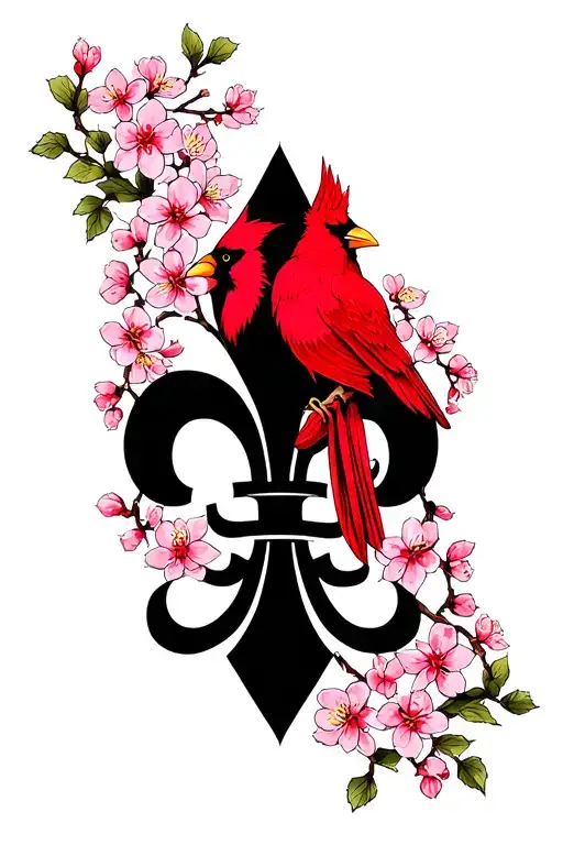 命 cardinal fluer de lis surrounded by cherry blossom  tattoo design idea