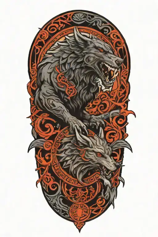 fenrir viking norse wolf fighting ravens Huginn and Muninn tattoo design idea