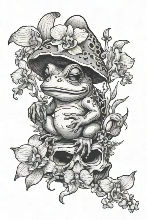 orchids and mushrooms toad smoking tattoo design idea
