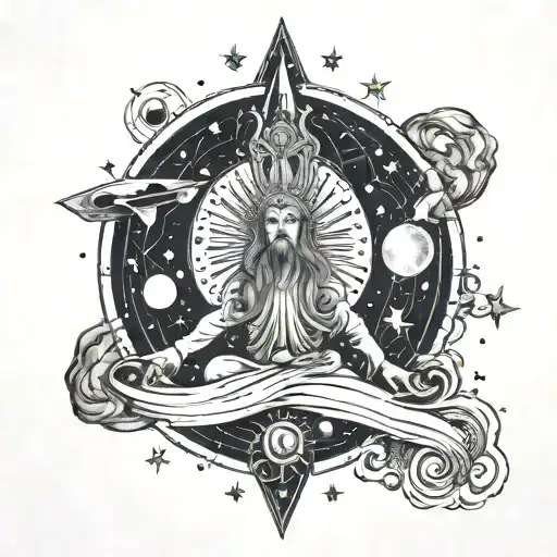A modern interpretation of God as a cosmic being surrounded by stars and galaxies tattoo design idea