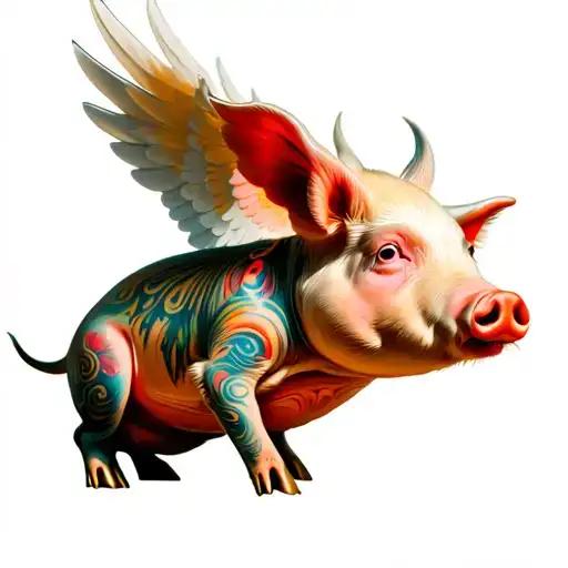 flying pig with wings sitting tattoo design idea