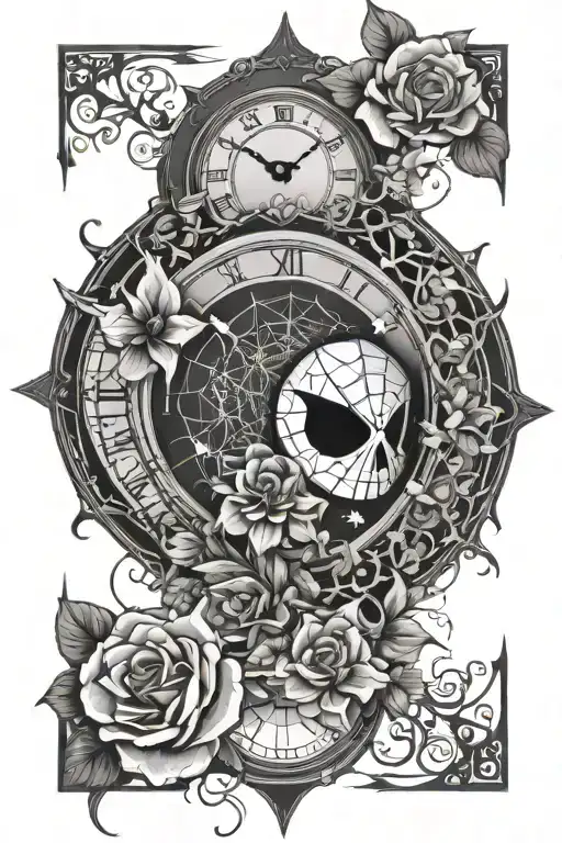 spider web with a clock inside with flowers growing and an eye tattoo design idea
