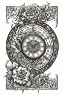 spider web with a clock inside with flowers growing and an eye tattoo design idea