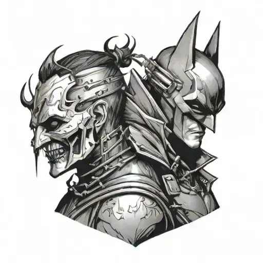 Batman who laughs holding robins head with spine still connected gore tattoo design idea