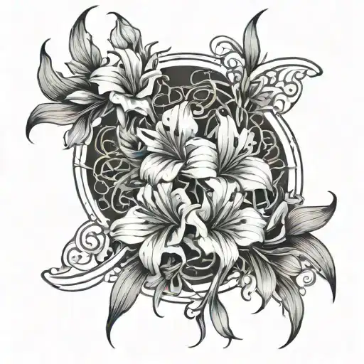 gothic floral design with gladioli flowers intertwined with spiderwebs tattoo design idea