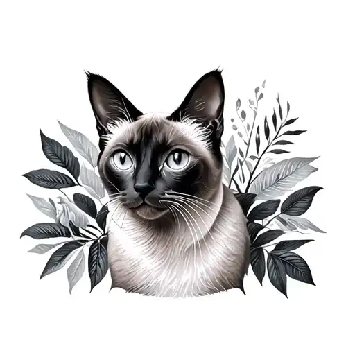 a realistic Siamese cat with a foliage background black tattoo design idea
