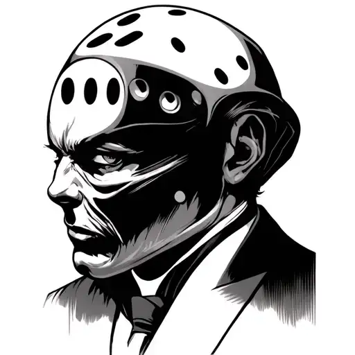 Black and white tattoo design of a mysterious character with a D6 dice for a head, wearing a formal suit. Each face of t tattoo design idea