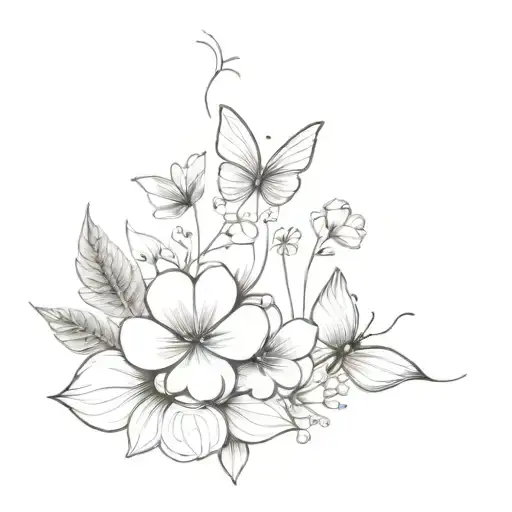 Birth flowers January, November and March, surrounded by a butterfly and a Greek angel tattoo design idea