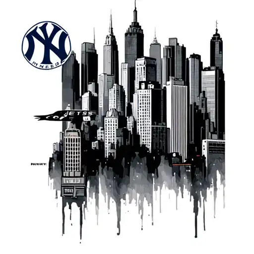 New York City skyline with the New York Yankees logo, New York Knicks logo, New York jets logo and New York rangers logo tattoo design idea