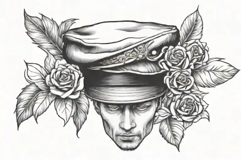 flat cap and 119 black and white fine lines tattoo design idea