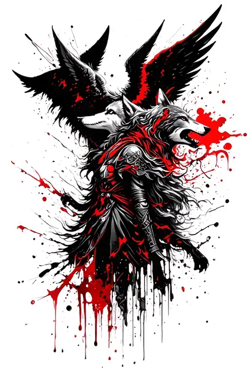 angel warrior and wolf howling tattoo design idea