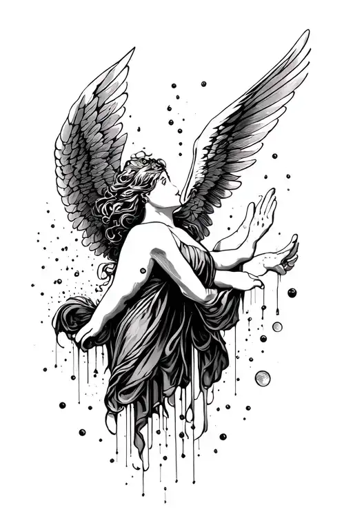Falling angel coverin up hand and particles covering fingers going upside to hand tattoo design idea