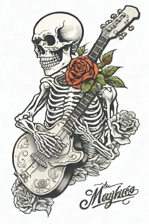 a skeleton playing guitar with a strap saying ( Magnifico ) and roses behind it  tattoo design idea