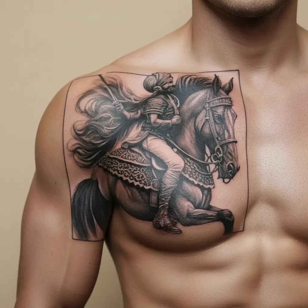 Rajput warrior with turban on horseback tattoo design idea